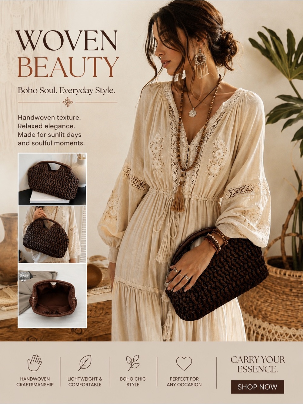 Handwoven Brown Boho Clutch Bag -